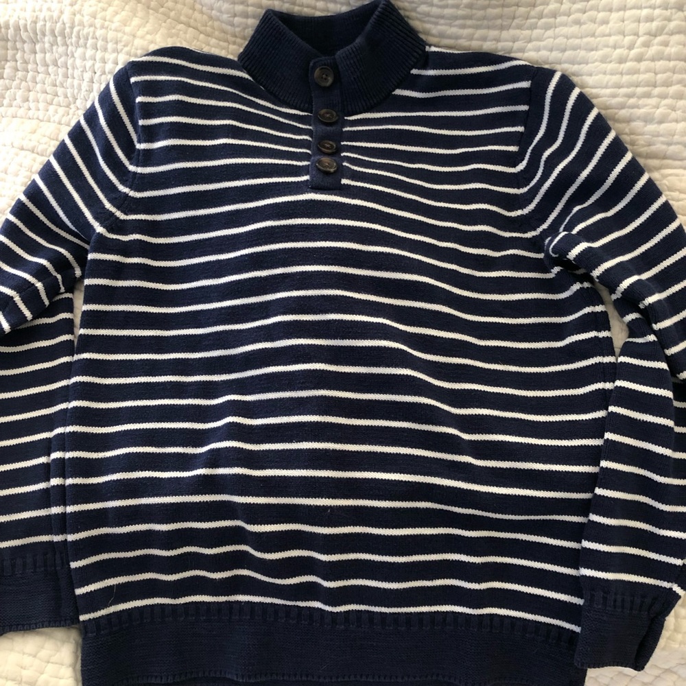 Quarter button sweater, navy white stripes. Mens M